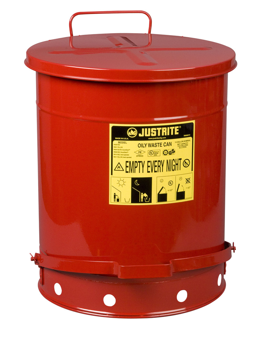 Justrite™ 14 Gallon Red Galvanized Steel Oily Waste Can With Foot Lever Opening Device