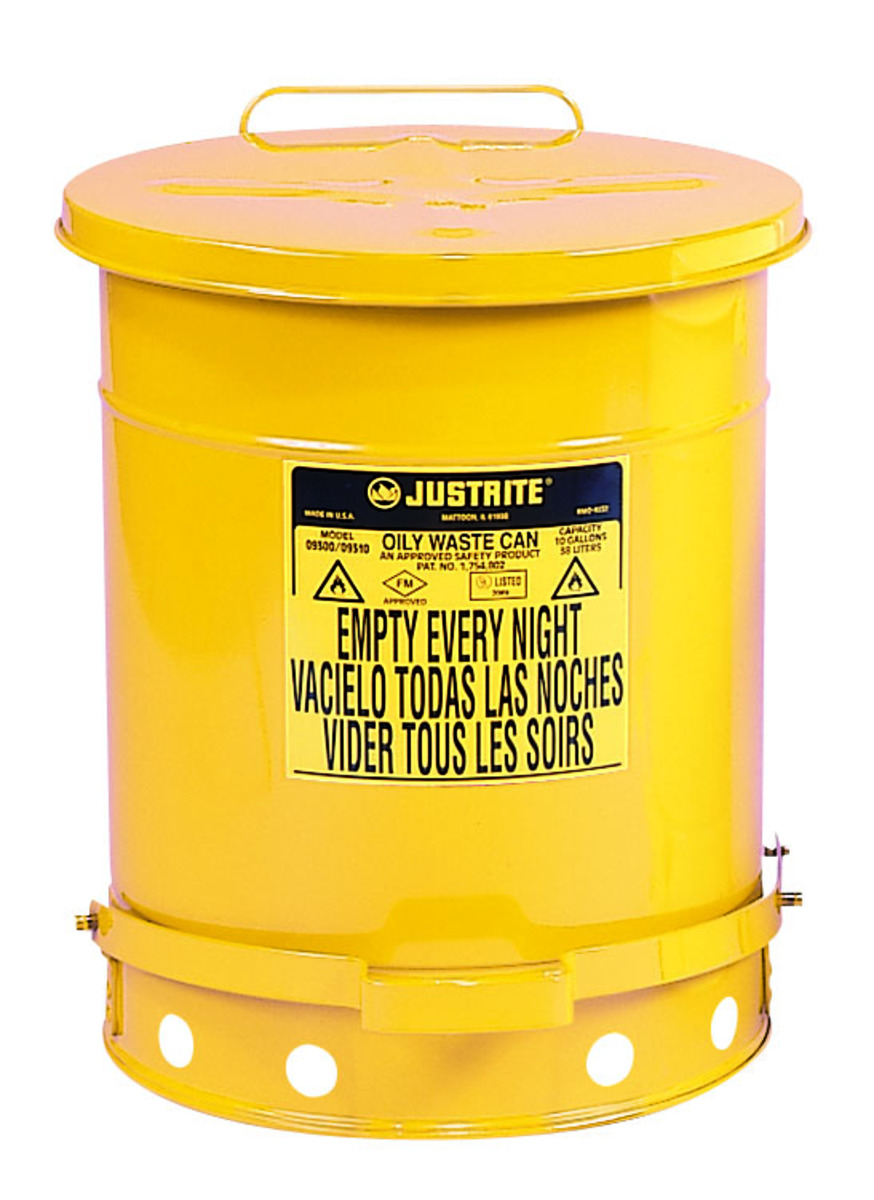 Justrite™ 14 Gallon Yellow Galvanized Steel Oily Waste Can With Foot Lever Opening Device