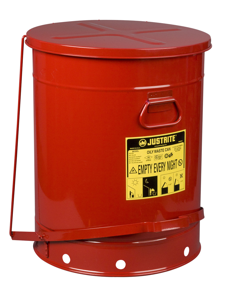Justrite™ 21 Gallon Red Galvanized Steel Oily Waste Can With Foot Lever Opening Device