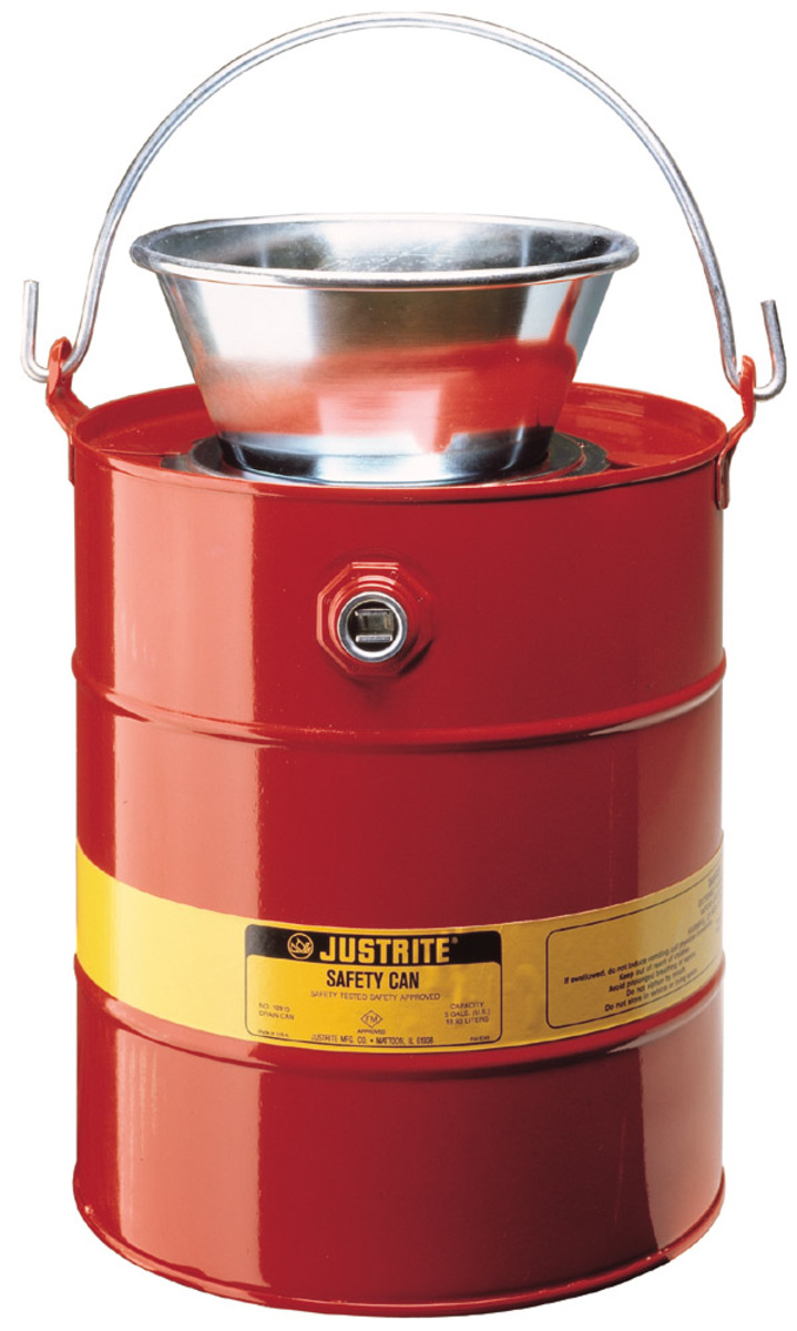 Justrite™ 5 Gallon Red Galvanized Steel Drain Can With Funnel (For Flammables)