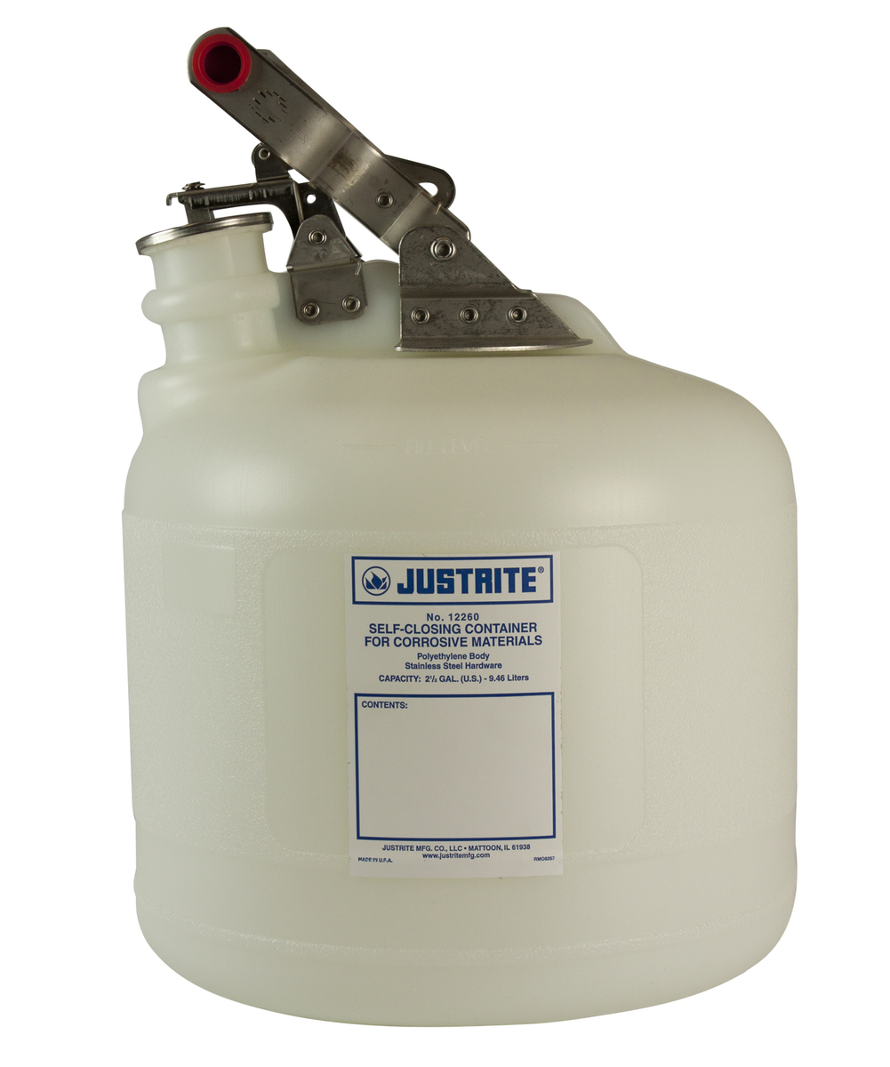 Justrite™ 2 1/2 Gallon White Polyethylene Laboratory Self-Closing Safety Container With Stainless Steel Hardware (For Corrosive