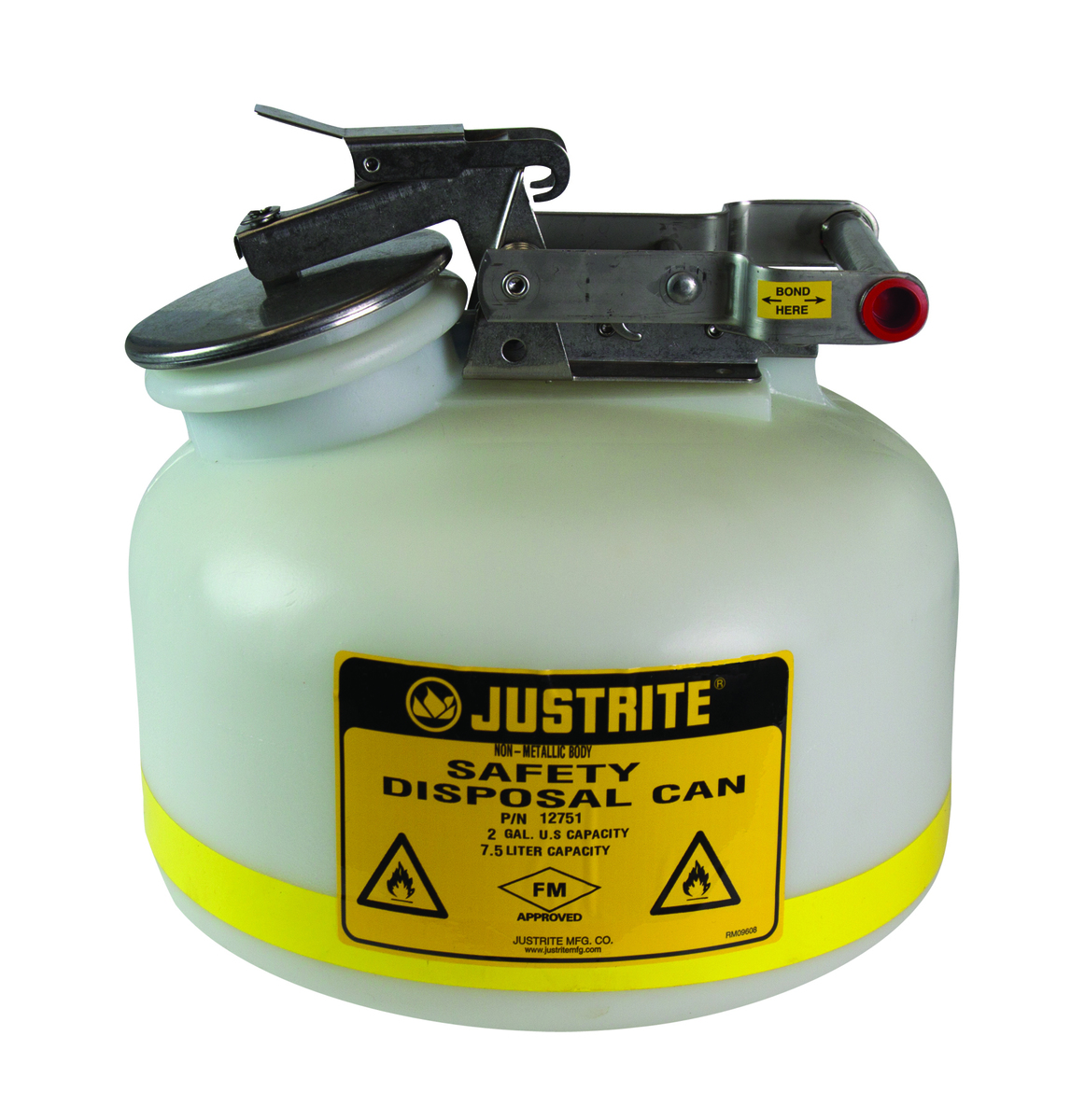 Justrite™ 2 Gallon Translucent White HDPE Liquid Disposal Can With Stainless Steel Hardware (For Flammables and Corrosives)