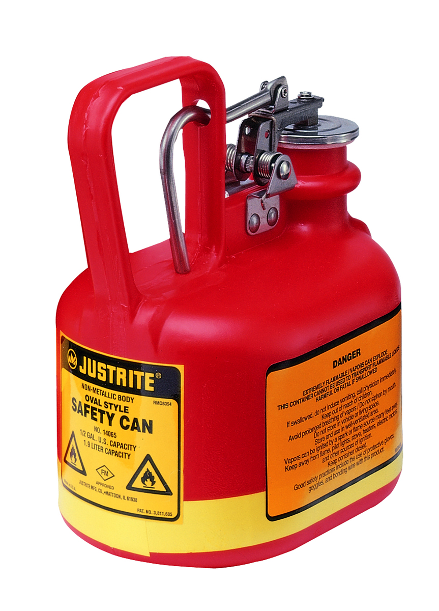 Justrite™ 1/2 Gallon Red Polyethylene Type | Non-Metallic Oval Safety Can With Stainless Steel Hardware (For Flammables)