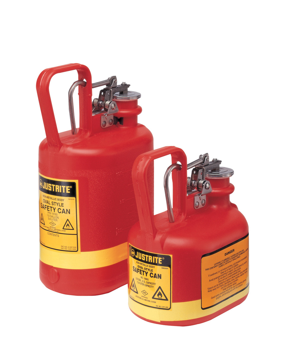 Justrite™ 1 Gallon Red Polyethylene Type | Non-Metallic Oval Safety Can With Stainless Steel Hardware (For Flammables)