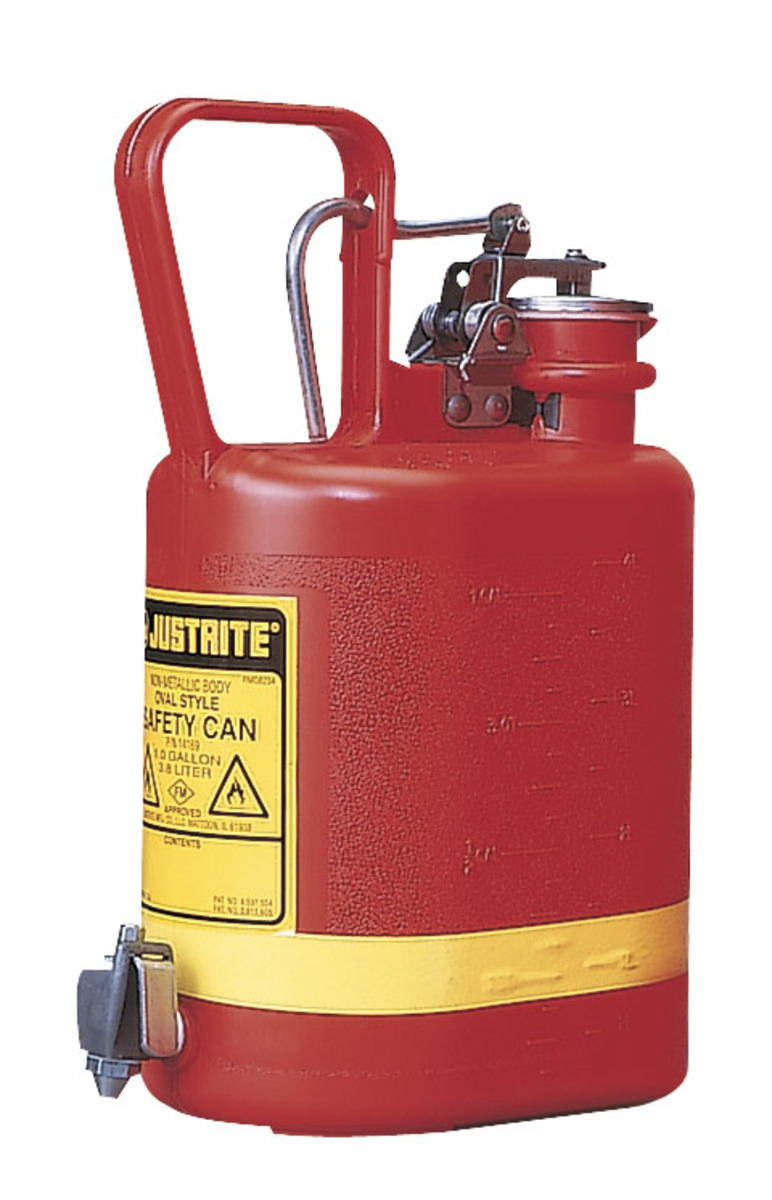 Justrite™ 1 Gallon Red Polyethylene Type | Non-Metallic Oval Safety Can With Stainless Steel Faucet (For Flammables)