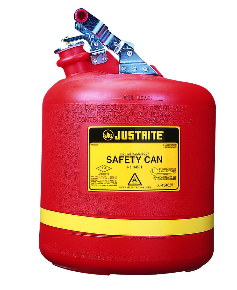 Justrite™ 5 Gallon Red Polyethylene Type | Non-Metallic Round Safety Can With Stainless Steel Hardware (For Flammables)