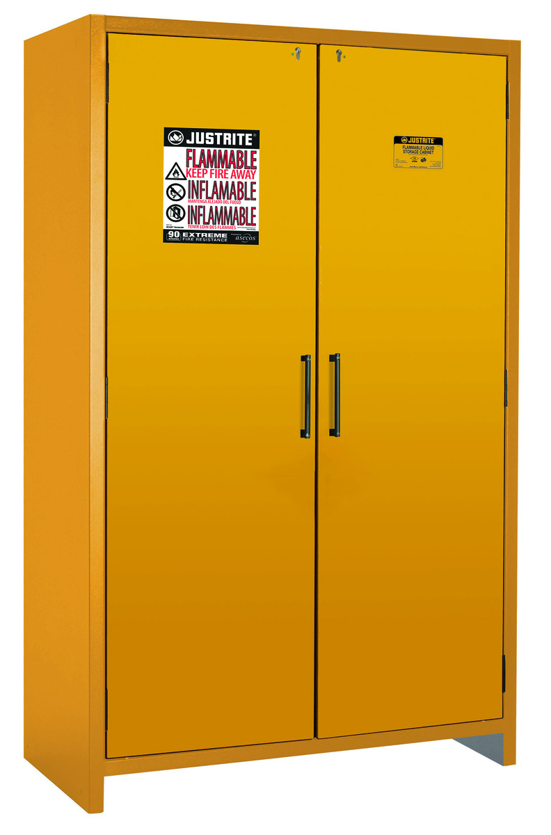 Justrite™ 45 Gallon Yellow Steel EN Fammable Safety Cabinet With (3) Adjustable Shelves And (2) Self-Closing Doors