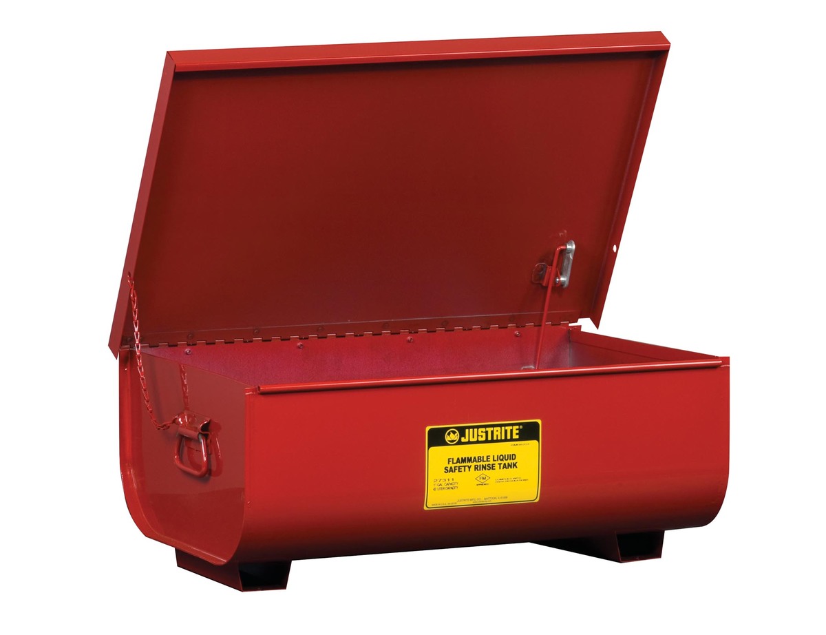 Justrite™ 11 Gallon Red Galvanized Steel Benchtop Rinse Tank With Self-Closing Cover