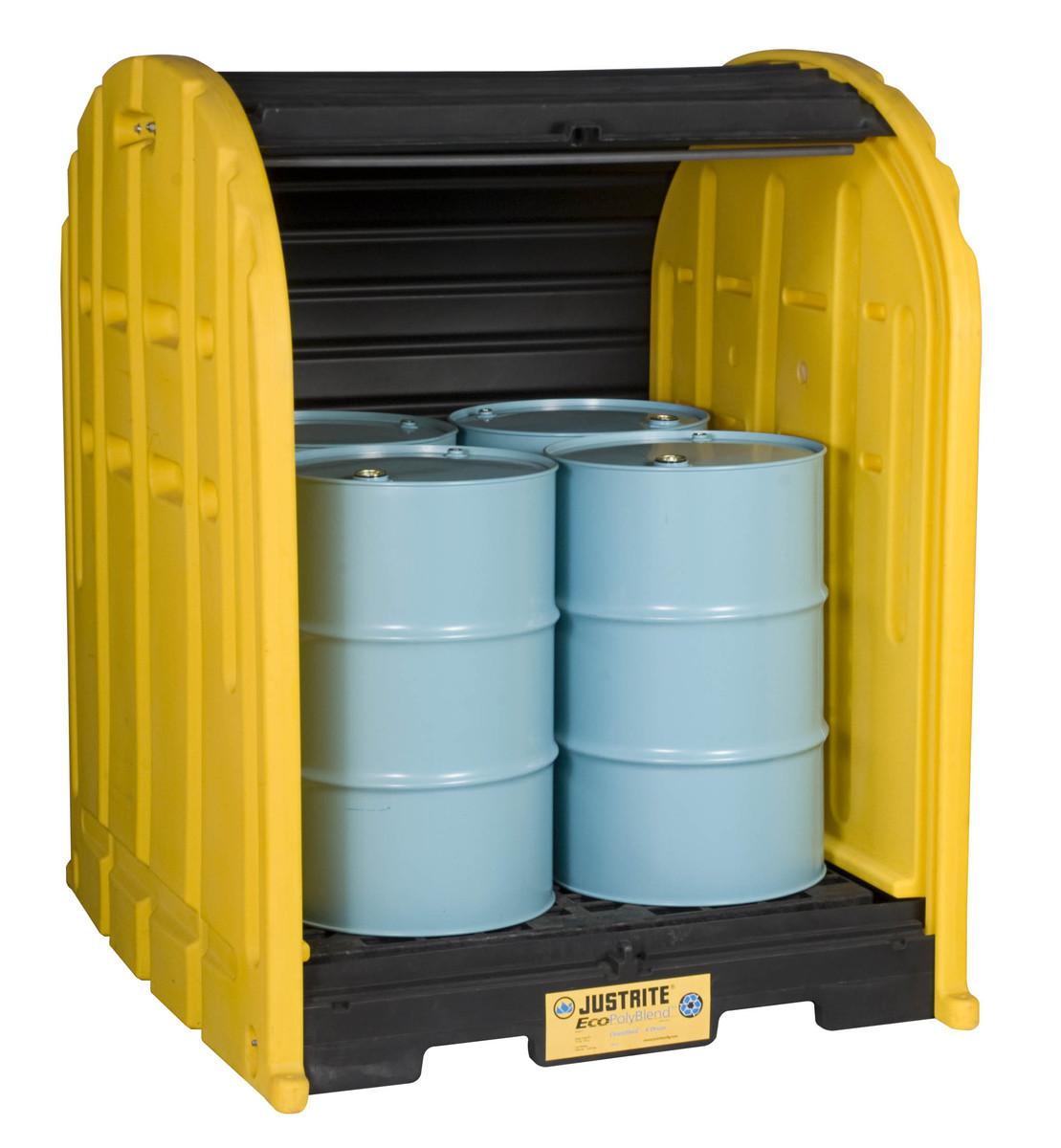 Justrite™ 79 Gallon Black And Yellow EcoPolyBlend™ DrumSheds™ Polyethylene 4 Drum Pallet (For Spill Control)
