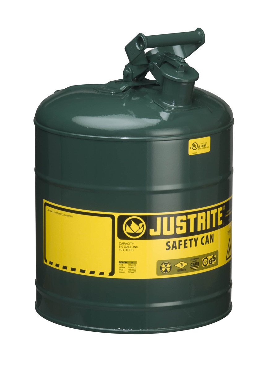 Justrite™ 5 Gallon Green Galvanized Steel Type | Safety Can With 3 1/2