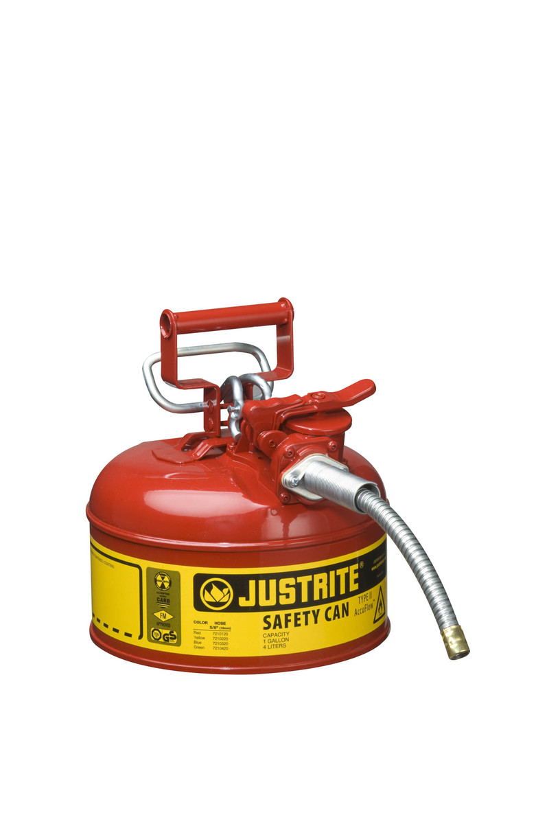 Justrite™ 1 Gallon Red AccuFlow™ Galvanized Steel Type II Vented Safety Can With Stainless Steel Flame Arrester And 5/8
