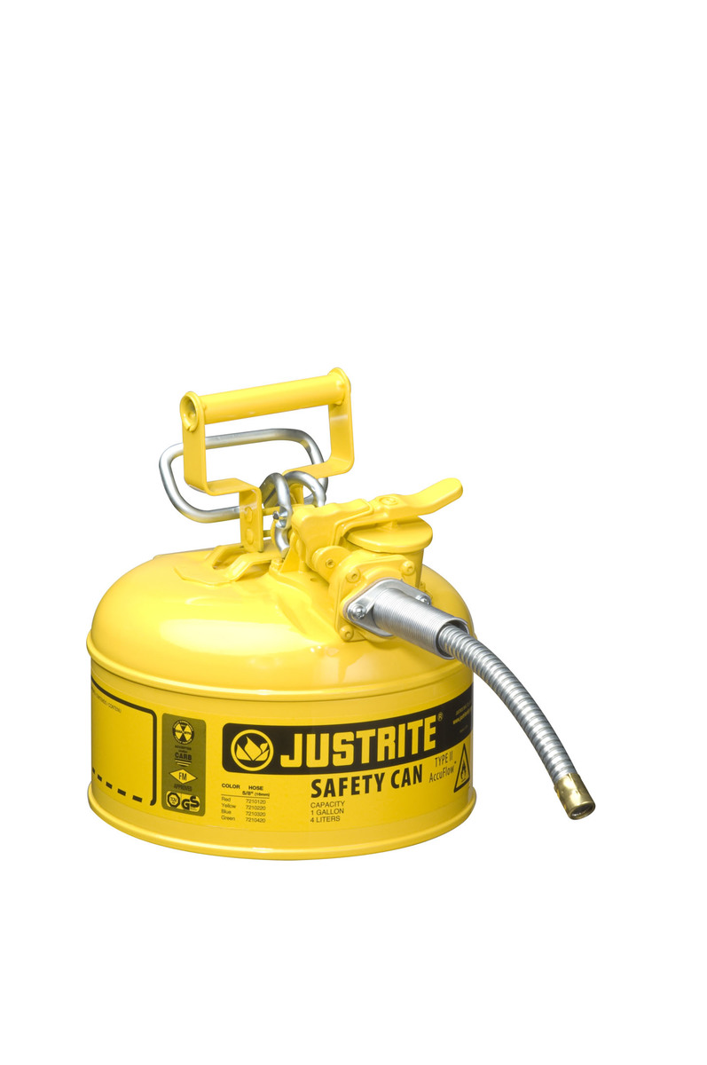 Justrite™ 1 Gallon Yellow AccuFlow™ Galvanized Steel Type II Vented Safety Can With Stainless Steel Flame Arrester And 5/8
