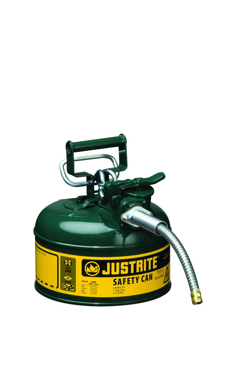 Justrite™ 1 Gallon Green AccuFlow™ Galvanized Steel Type II Vented Safety Can With Stainless Steel Flame Arrester And 5/8