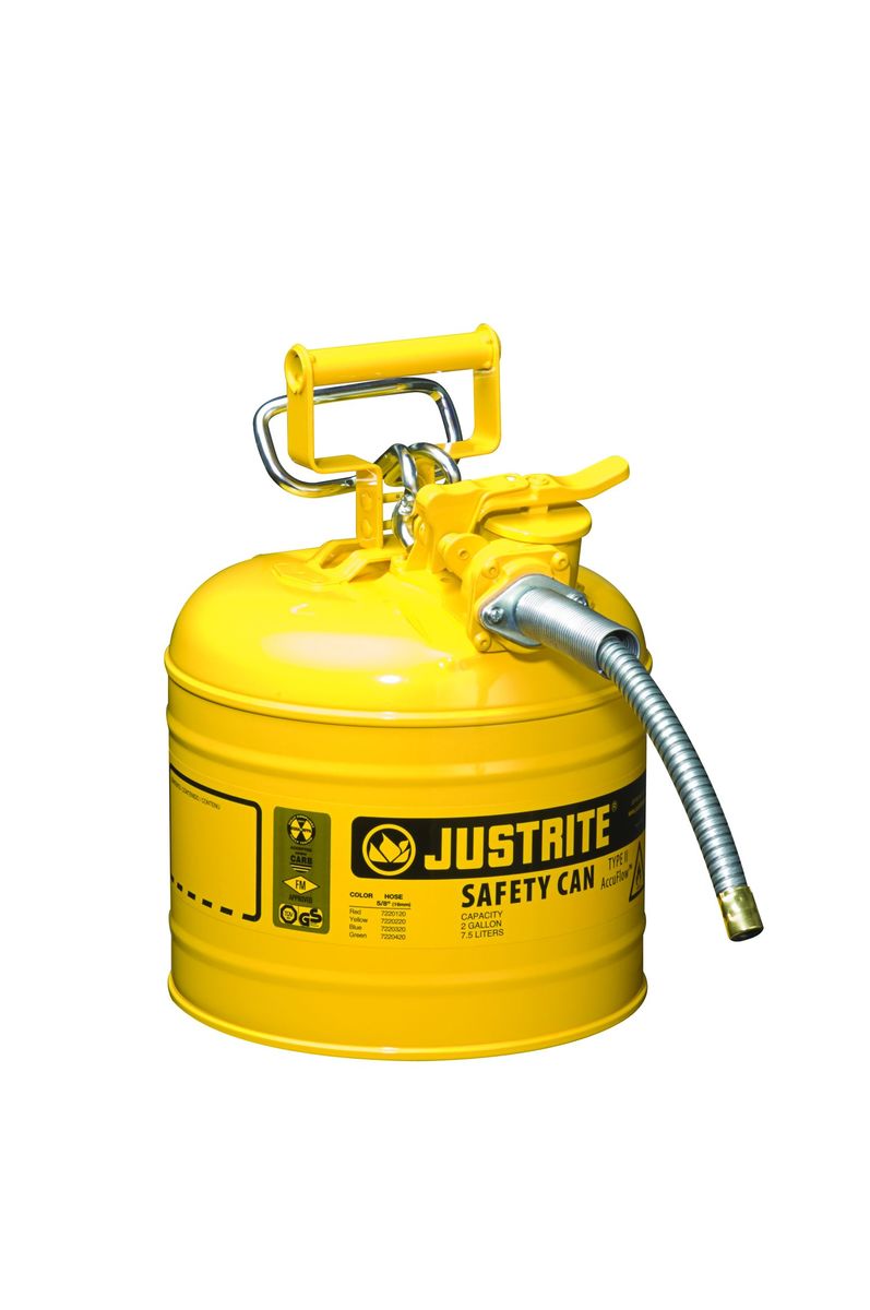 Justrite™ 2 Gallon Yellow AccuFlow™ Galvanized Steel Type II Vented Safety Can With Stainless Steel Flame Arrester And 5/8