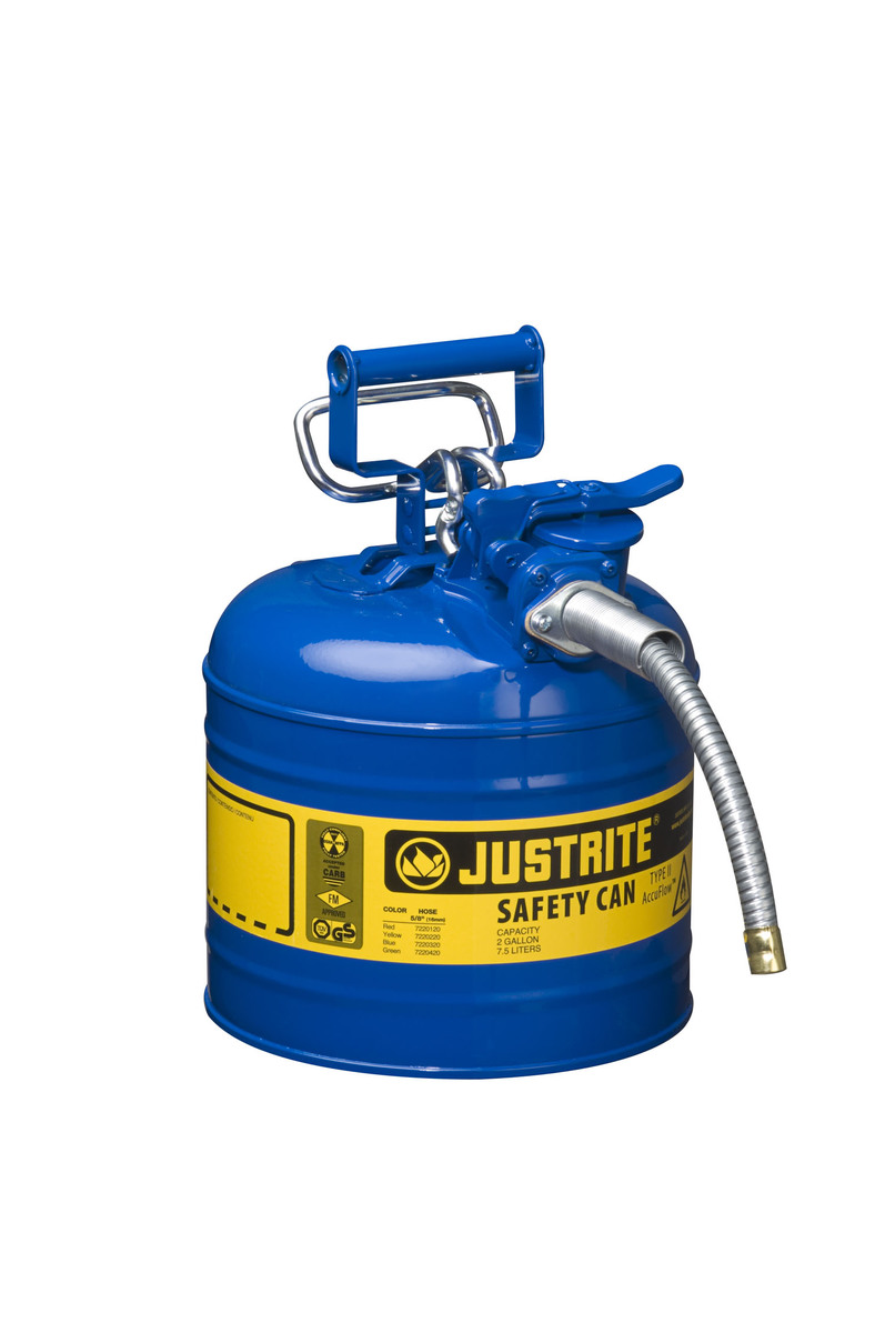 Justrite™ 2 Gallon Blue AccuFlow™ Galvanized Steel Type II Vented Safety Can With Stainless Steel Flame Arrester And 5/8
