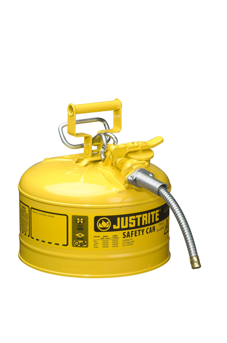 Justrite™ 2 1/2 Gallon Yellow AccuFlow™ Galvanized Steel Type II Vented Safety Can With Stainless Steel Flame Arrester And 5/8