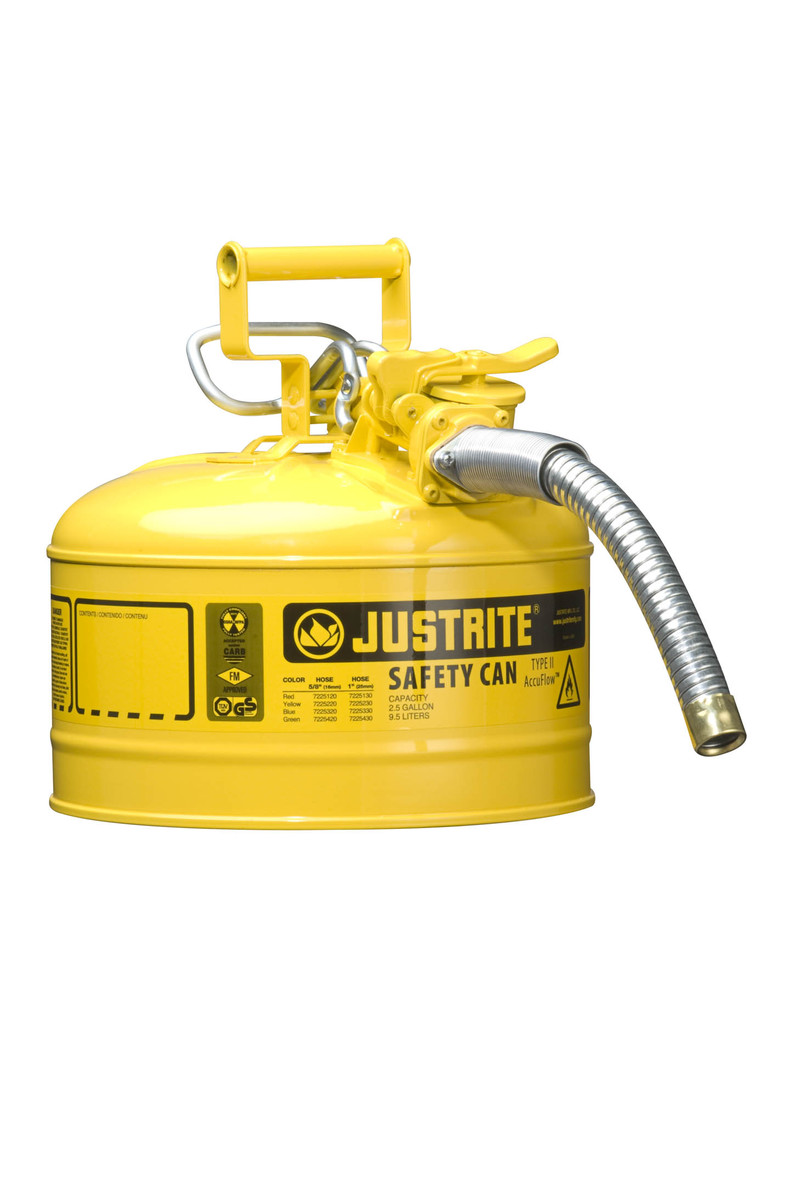 Justrite™ 2 1/2 Gallon Yellow AccuFlow™ Galvanized Steel Type II Vented Safety Can With Stainless Steel Flame Arrester And 1