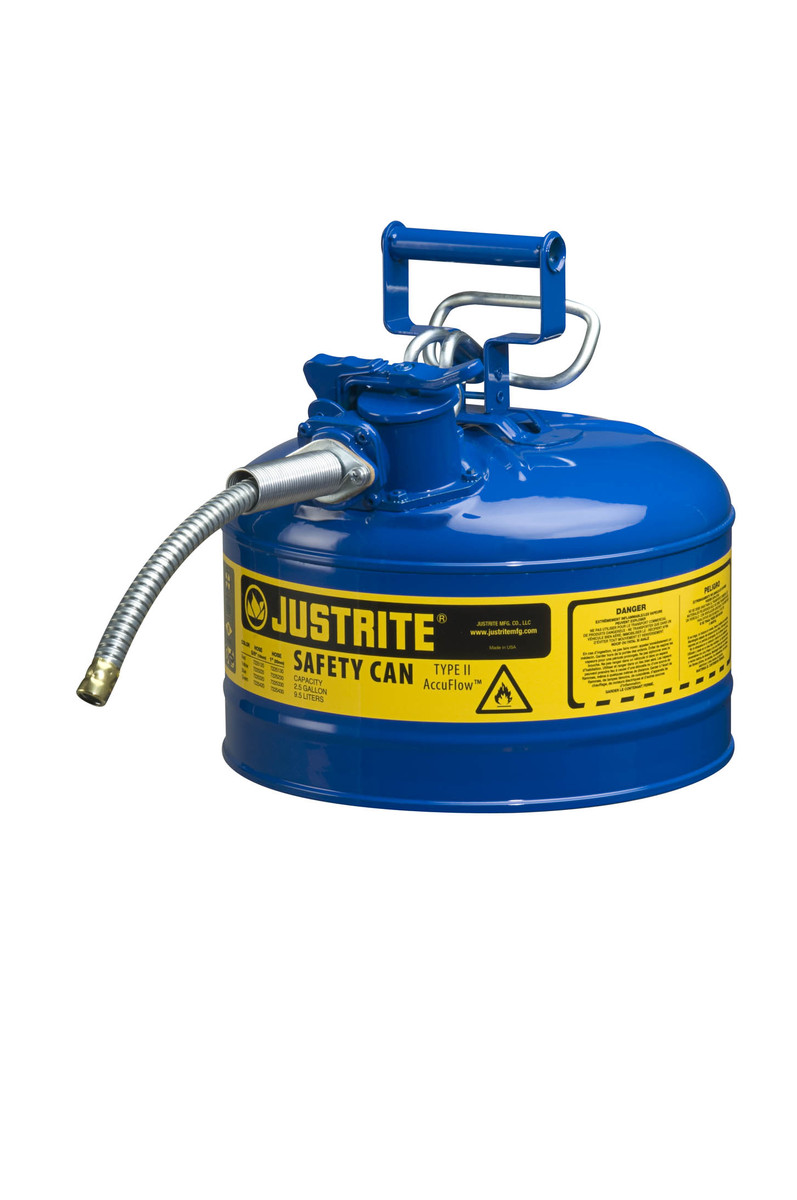 Justrite™ 2 1/2 Gallon Blue AccuFlow™ Galvanized Steel Type II Vented Safety Can With Stainless Steel Flame Arrester And 5/8