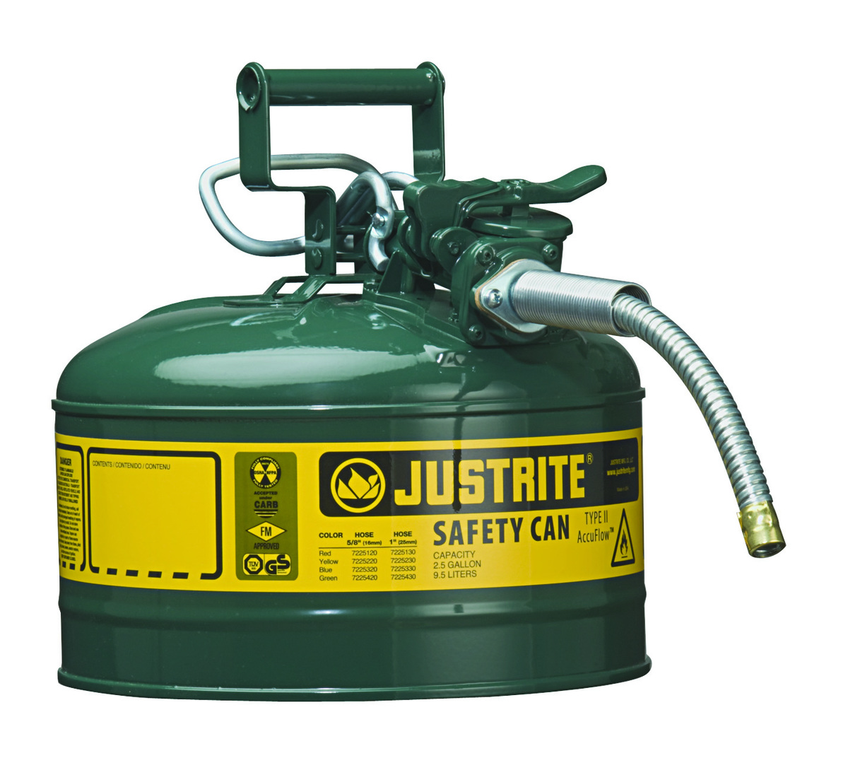 Justrite™ 2 1/2 Gallon Green AccuFlow™ Galvanized Steel Type II Vented Safety Can With Stainless Steel Flame Arrester And 5/8