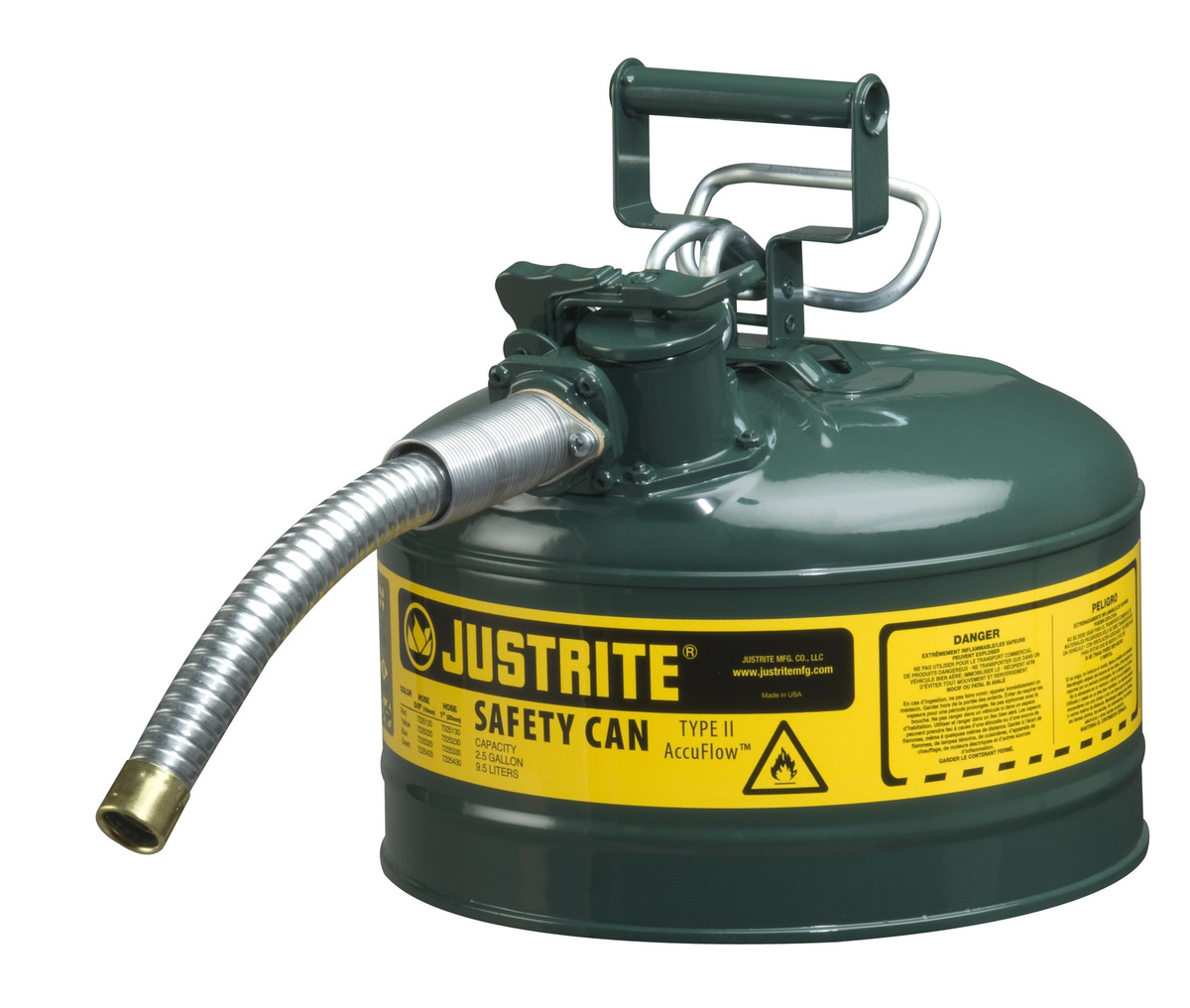 Justrite™ 2 1/2 Gallon Green AccuFlow™ Galvanized Steel Type II Vented Safety Can With Stainless Steel Flame Arrester And 1