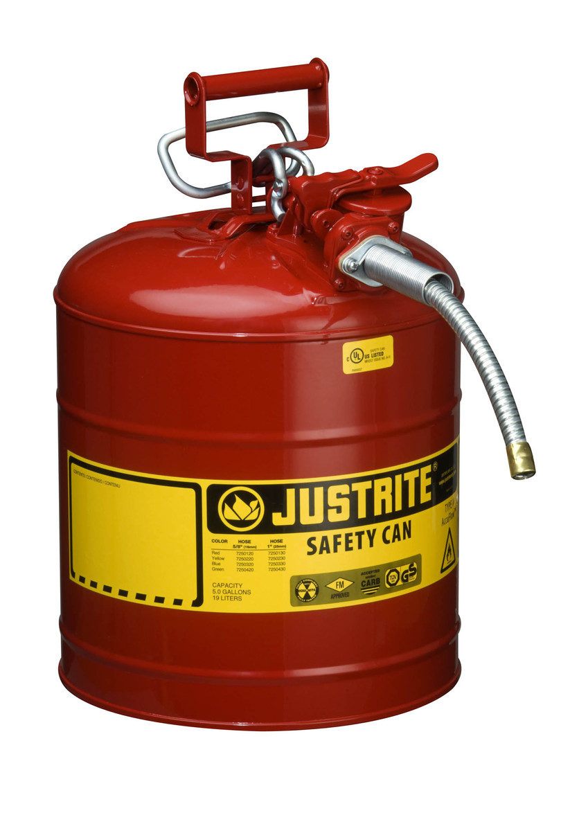 Justrite™ 5 Gallon Red AccuFlow™ Galvanized Steel Type II Vented Safety Can With Stainless Steel Flame Arrester And 5/8