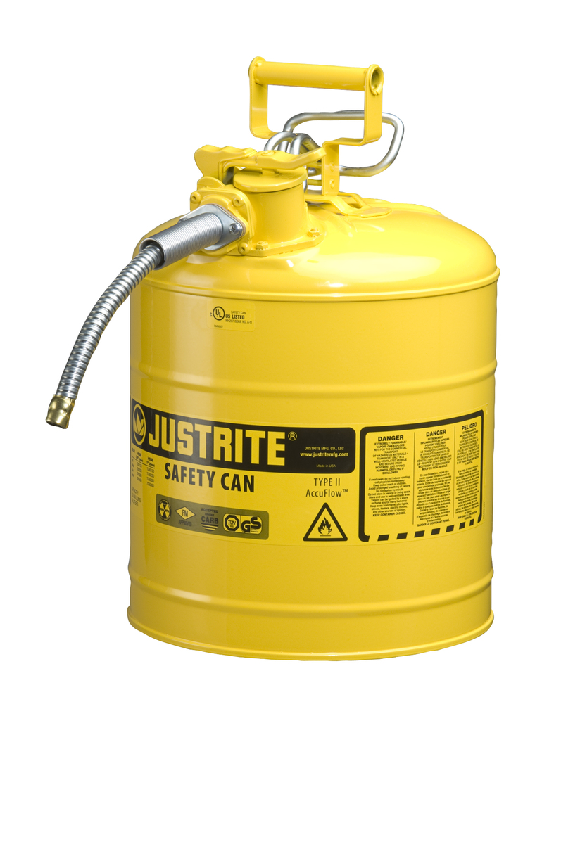 Justrite™ 5 Gallon Yellow AccuFlow™ Galvanized Steel Type II Vented Safety Can With Stainless Steel Flame Arrester And 5/8