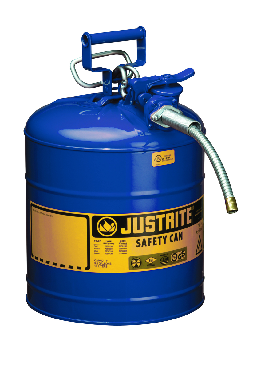 Justrite™ 5 Gallon Blue AccuFlow™ Galvanized Steel Type II Vented Safety Can With Stainless Steel Flame Arrester And 5/8