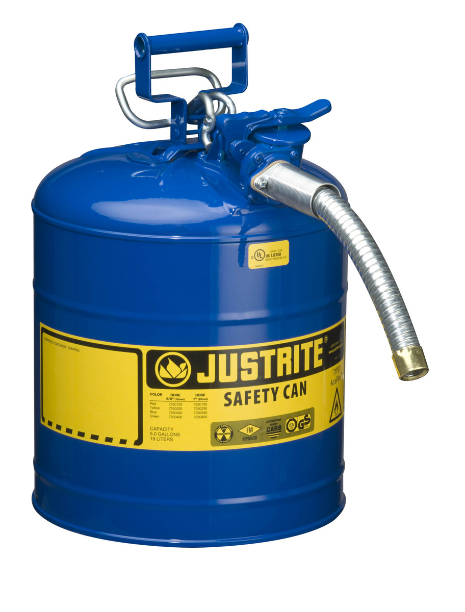 Justrite™ 5 Gallon Blue AccuFlow™ Galvanized Steel Type II Vented Safety Can With Stainless Steel Flame Arrester And 1