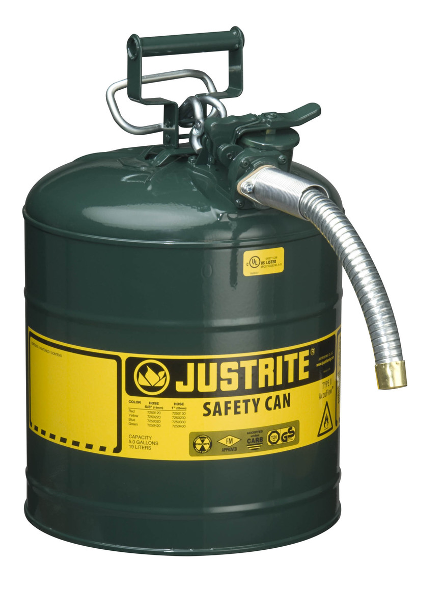 Justrite™ 5 Gallon Green AccuFlow™ Galvanized Steel Type II Vented Safety Can With Stainless Steel Flame Arrester And 1