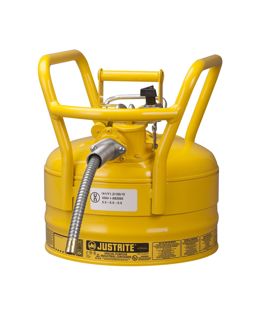 Justrite™ 2 1/2 Gallon Yellow AccuFlow™ Galvanized Steel Type II Vented Safety Can With Flame Arrester, 5/8