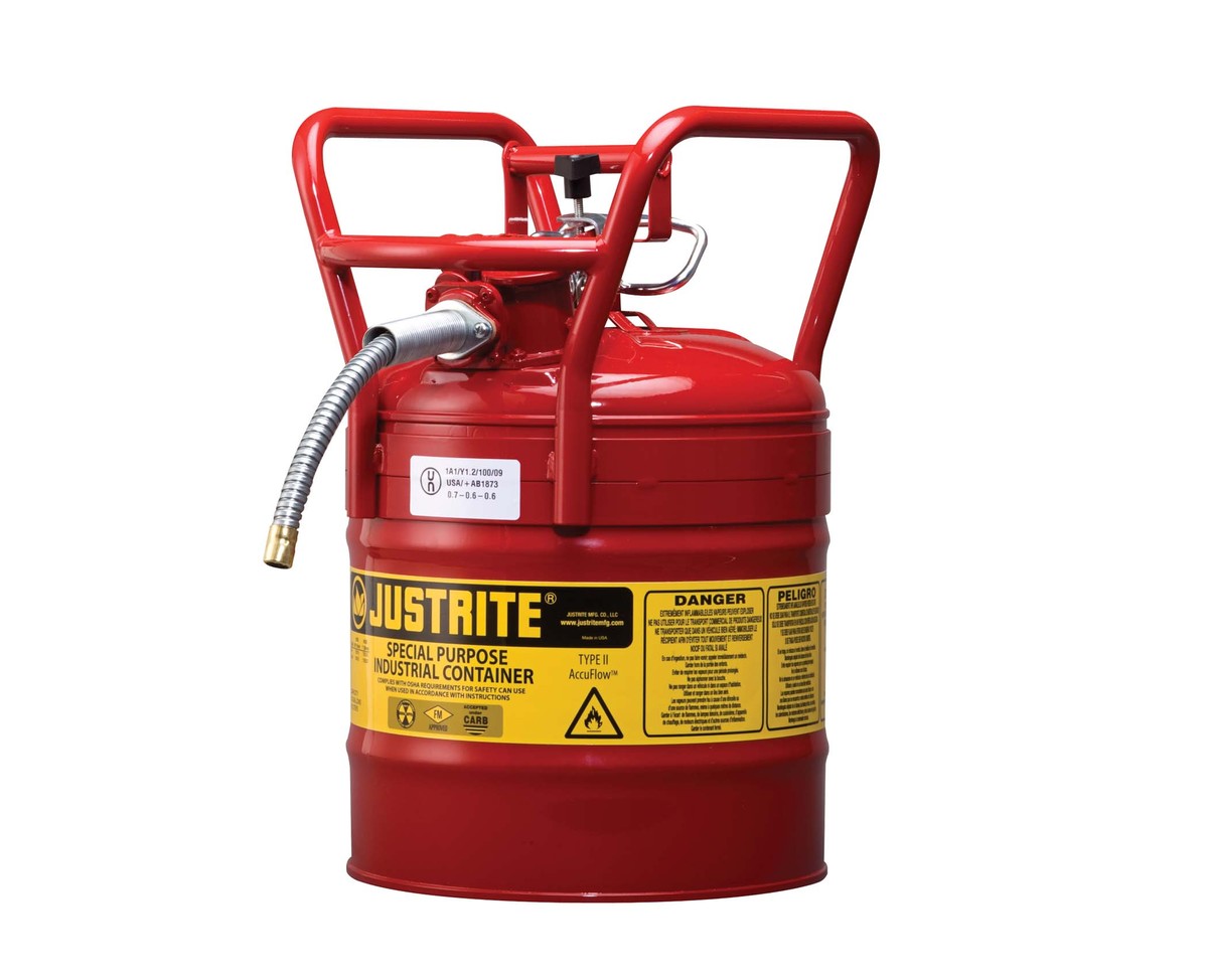 Justrite™ 5 Gallon Red AccuFlow™ Galvanized Steel Type II Vented Safety Can With Flame Arrester, 5/8