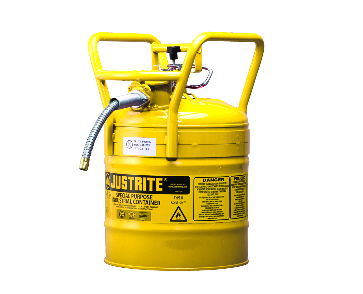 Justrite™ 5 Gallon Yellow AccuFlow™ Galvanized Steel Type II Vented Safety Can With Flame Arrester, 5/8