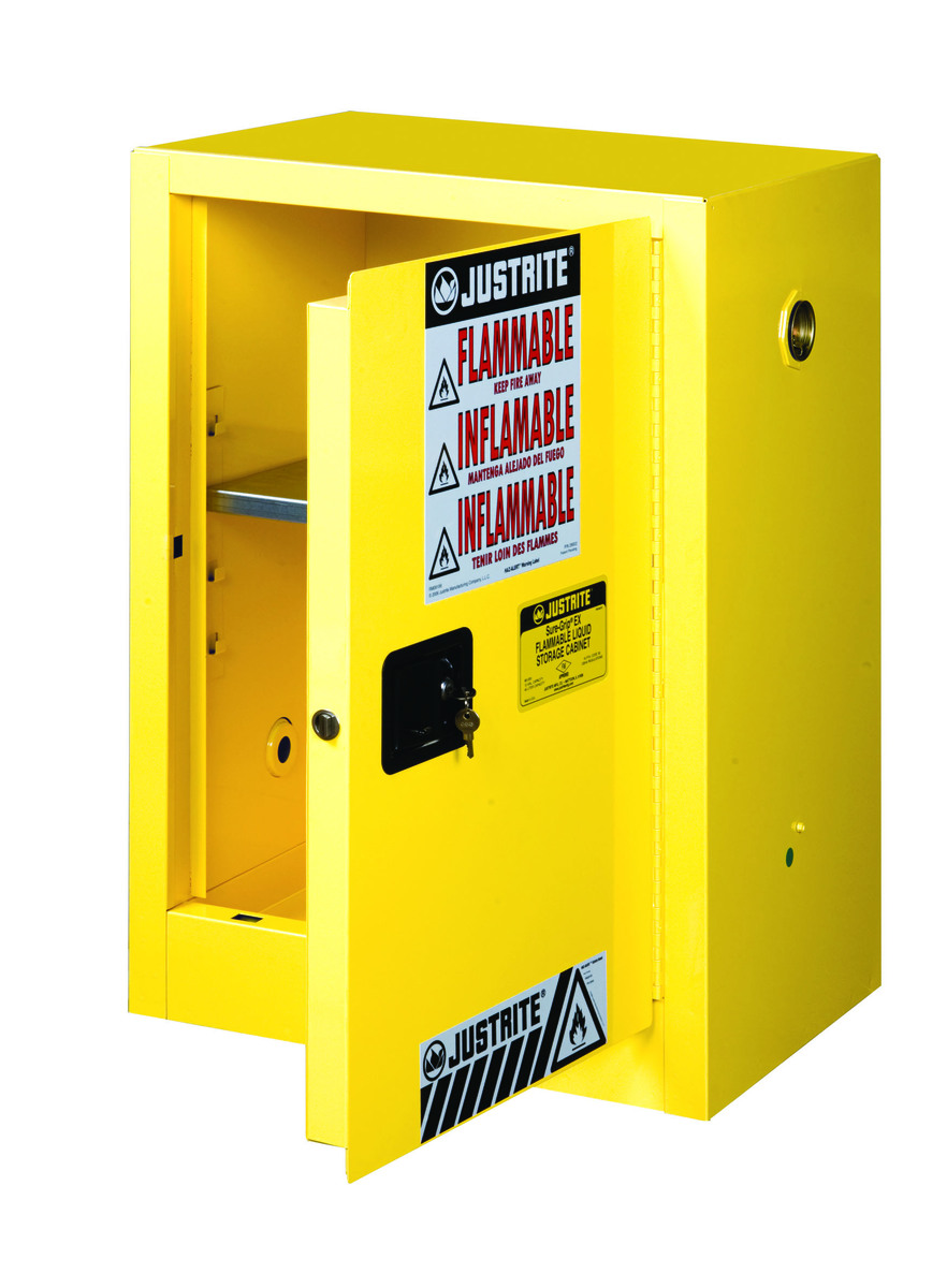 Justrite™ 12 Gallon Yellow Sure-Grip® EX 18 Gauge Cold Rolled Steel Compact Safety Cabinet With (1) Manual Close Door And (1) Sh