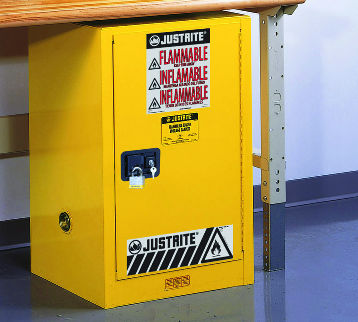 Justrite™ 12 Gallon Yellow Sure-Grip® EX 18 Gauge Cold Rolled Steel Compact Safety Cabinet With (1) Self-Closing Door And (1) Sh