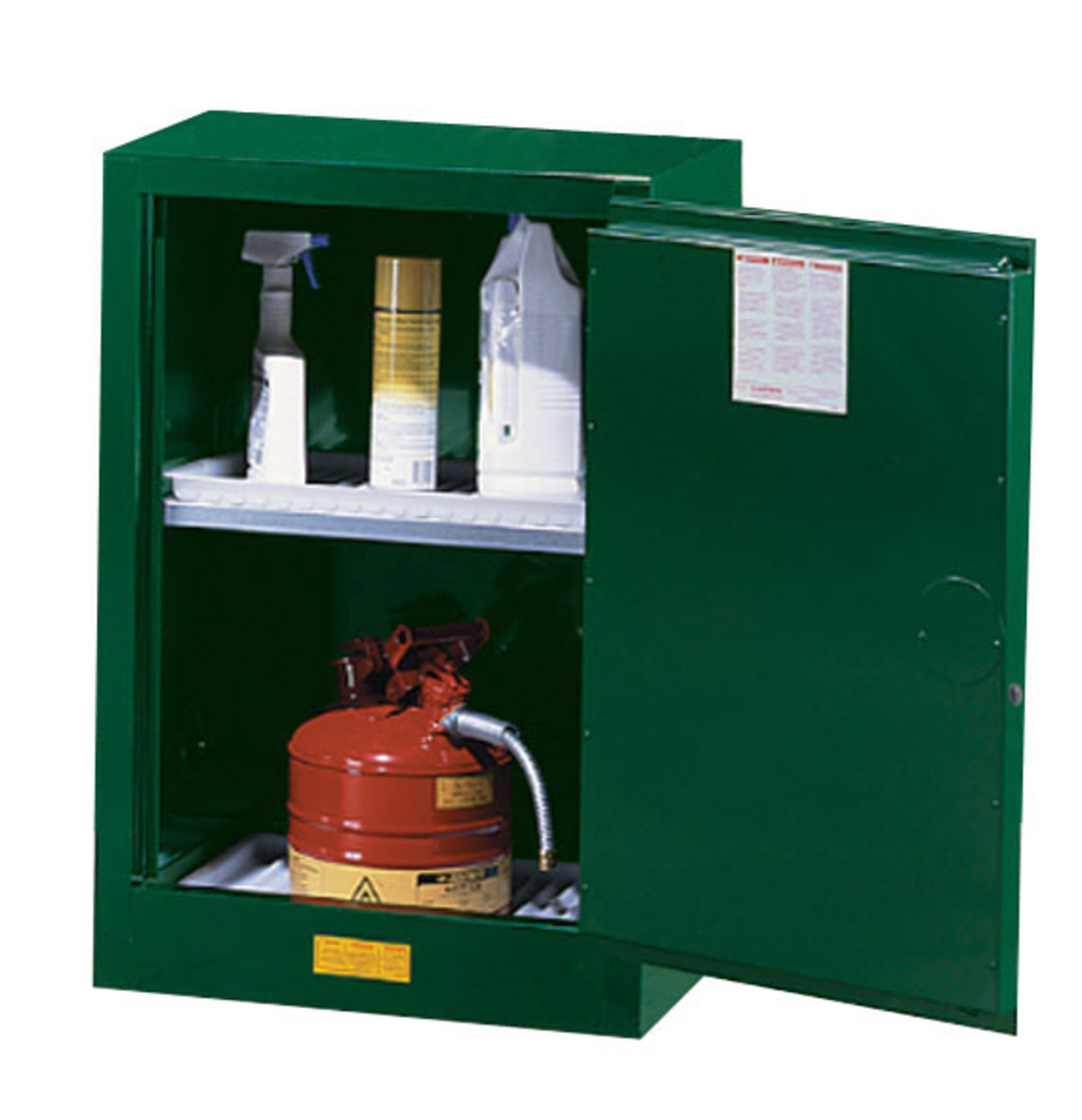 Justrite™ 12 Gallon Green Sure-Grip® EX 18 Gauge Cold Rolled Steel Compact Safety Cabinet With (1) Manual Close Door And (1) Adj
