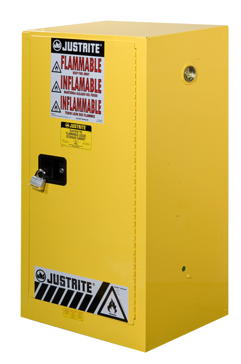 Justrite™ 15 Gallon Yellow Sure-Grip® EX 18 Gauge Cold Rolled Steel Compact Safety Cabinet With (1) Manual Close Door And (1) Sh