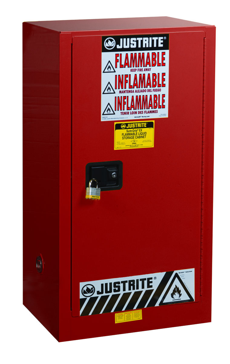 Justrite™ 20 Gallon Red Sure-Grip® EX 18 Gauge Cold Rolled Steel Safety Cabinet With (1) Manual Close Door And (2) Shelves (For