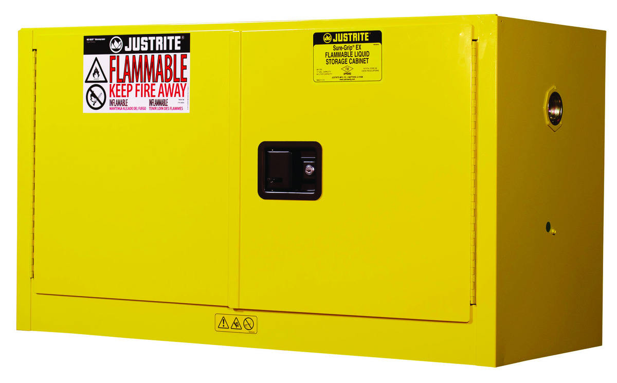Justrite™ 17 Gallon Yellow Sure-Grip® EX 18 Gauge Cold Rolled Steel Piggyback Safety Cabinet With (2) Manual Close Doors And (1)