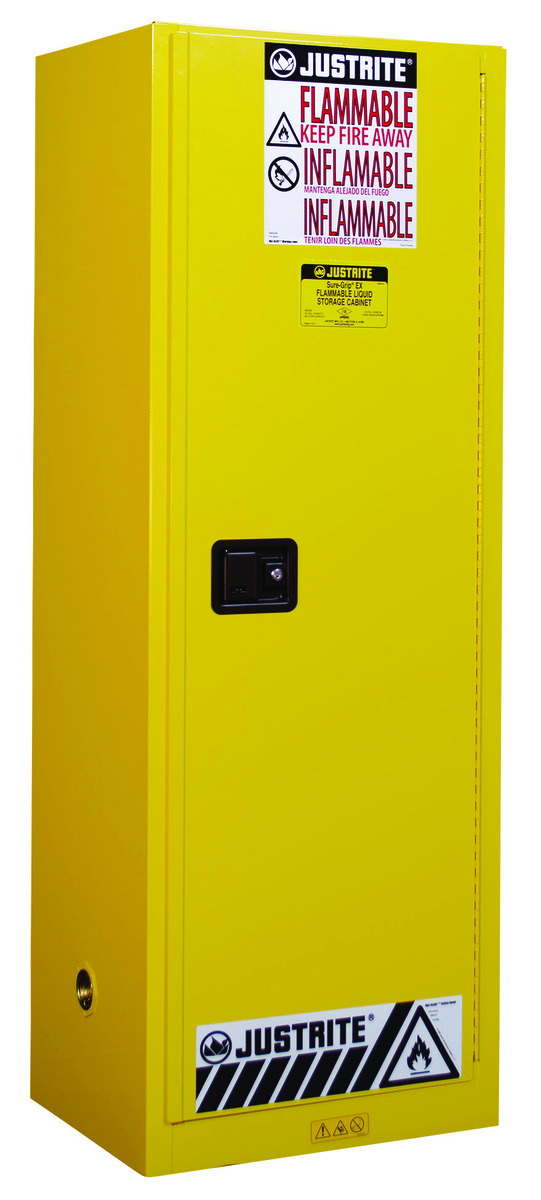 Justrite™ 22 Gallon Yellow Sure-Grip® EX 18 Gauge Cold Rolled Steel Slimline Safety Cabinet With (1) Manual Close Door And (3) S
