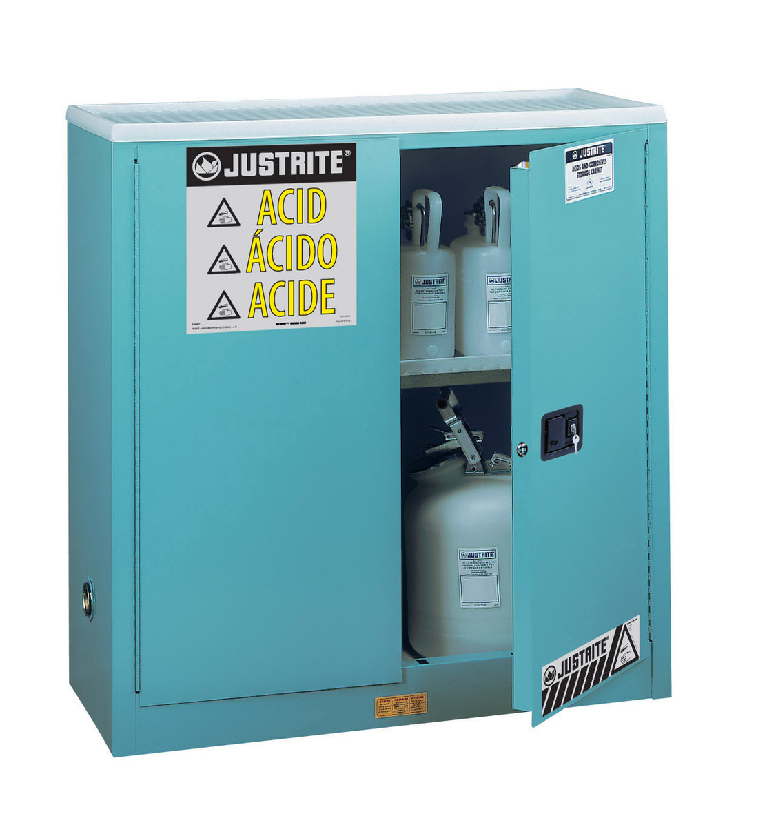 Justrite™ 30 Gallon Blue Sure-Grip® EX 18 Gauge Cold Rolled Steel Undercounter Safety Cabinet With (2) Manual Close Doors And (1
