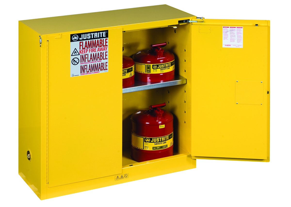 Justrite™ 30 Gallon Yellow Sure-Grip® EX 18 Gauge Cold Rolled Steel Safety Cabinet With (2) Self-Closing Doors And (1) Shelf (Fo