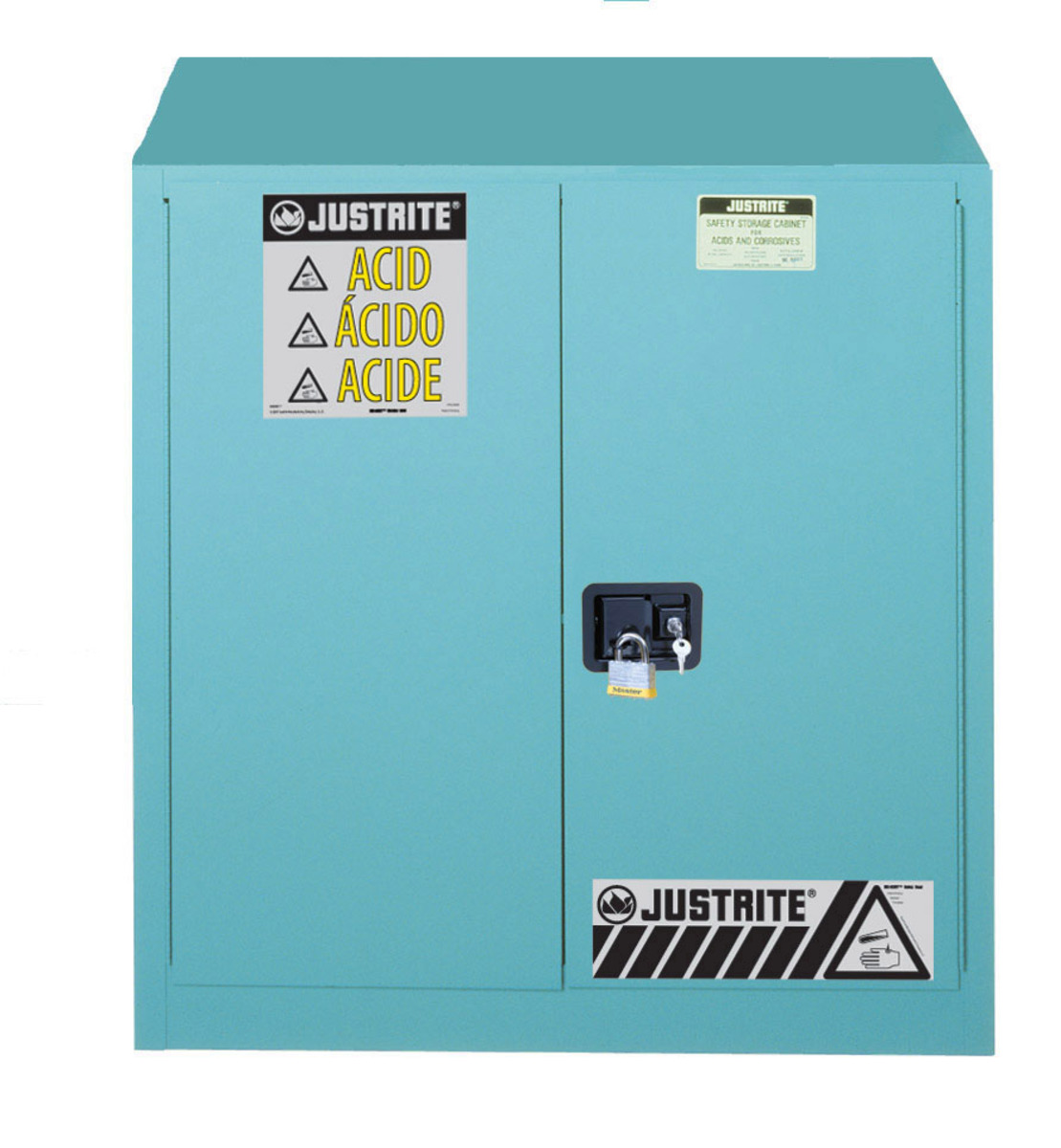 Justrite™ 30 Gallon Blue Sure-Grip® EX 18 Gauge Cold Rolled Steel Safety Cabinet With (2) Self-Closing Doors And (1) Adjustable