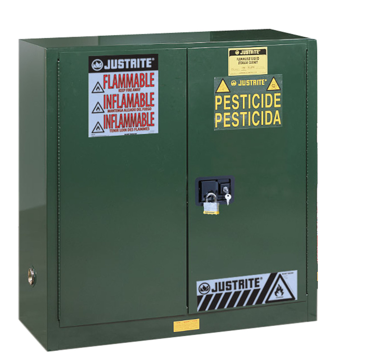 Justrite™ 30 Gallon Green Sure-Grip® EX 18 Gauge Cold Rolled Steel Safety Cabinet With (2) Self-Closing Doors And (1) Adjustable
