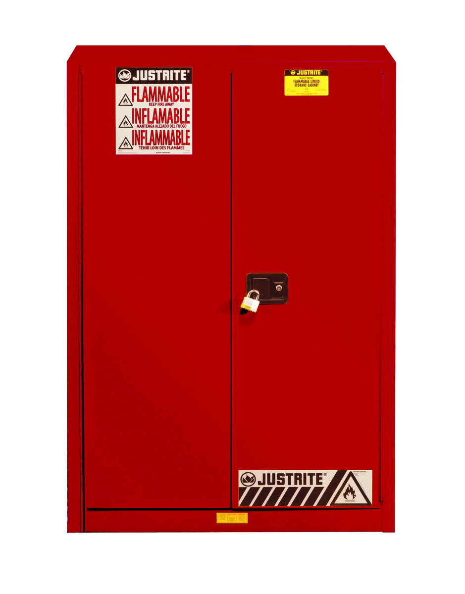 Justrite™ 45 Gallon Red Sure-Grip® EX 18 Gauge Cold Rolled Steel Safety Cabinet With (2) Manual Close Doors And (2) Shelves (For