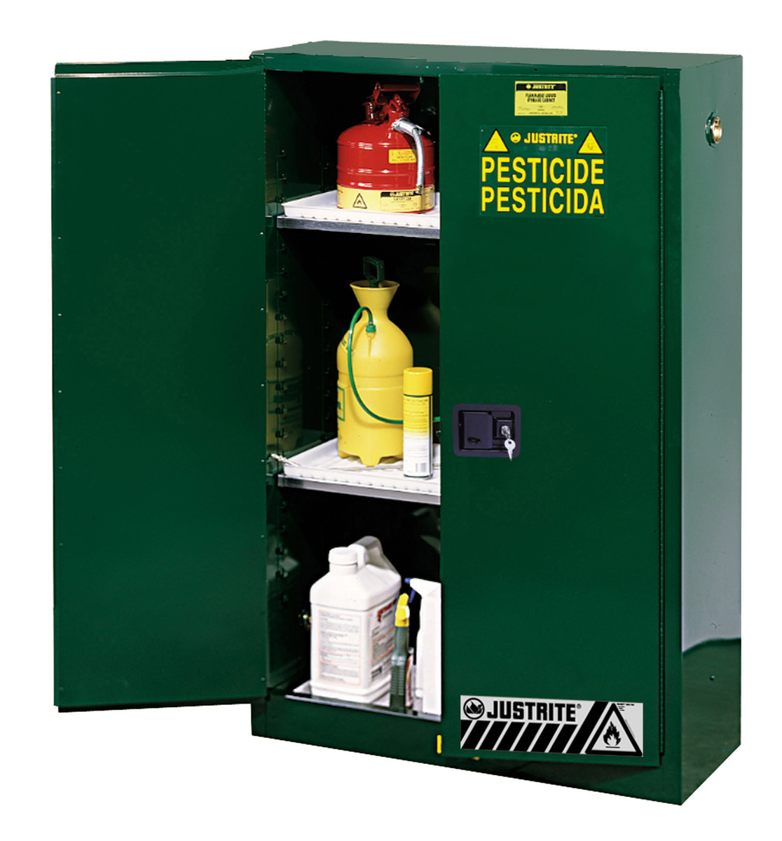 Justrite™ 45 Gallon Green Sure-Grip® EX 18 Gauge Cold Rolled Steel Safety Cabinet With (2) Manual Close Doors And (2) Adjustable