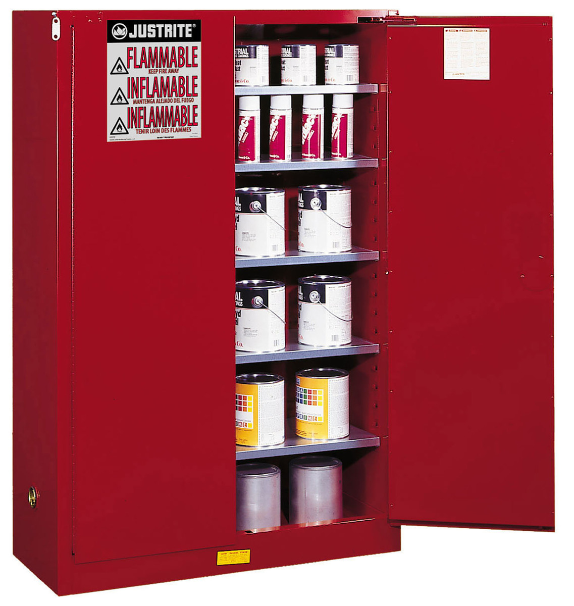 Justrite™ 60 Gallon Red Sure-Grip® EX 18 Gauge Cold Rolled Steel Safety Cabinet With (2) Manual Close Doors And (5) Shelves (For