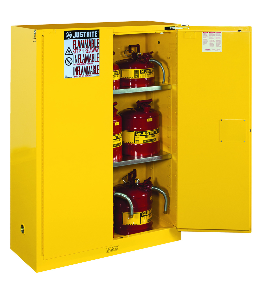 Justrite™ 45 Gallon Yellow Sure-Grip® EX 18 Gauge Cold Rolled Steel Safety Cabinet With (2) Self-Closing Doors And (2) Shelves (