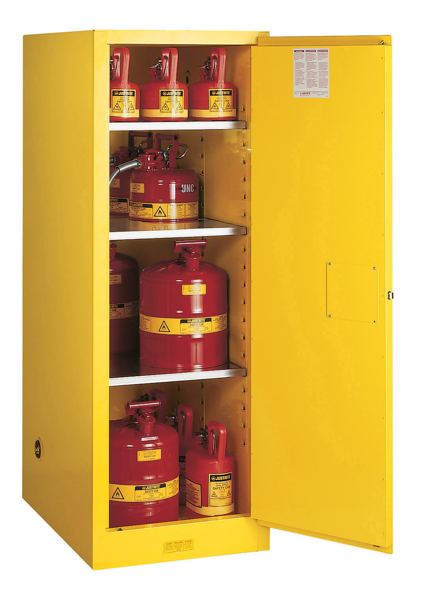 Justrite™ 55 Gallon Yellow Sure-Grip® EX 18 Gauge Cold Rolled Steel Deep Slimline Safety Cabinet With (1) Manual Close Door And