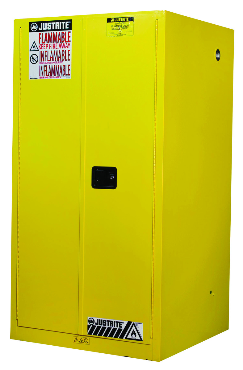 Justrite™ 60 Gallon Yellow Sure-Grip® EX 18 Gauge Cold Rolled Steel Safety Cabinet With (2) Manual Close Doors And (2) Shelves (