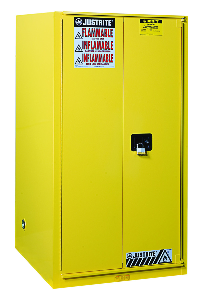 Justrite™ 96 Gallon Yellow Sure-Grip® EX 18 Gauge Cold Rolled Steel Safety Cabinet With (2) Manual Close Doors And (5) Shelves (